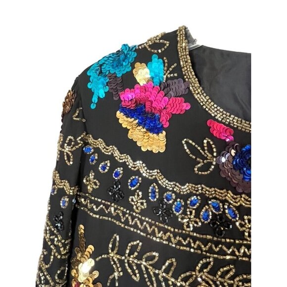 Drapers Damons Jacket M Black Sequin Floral Beaded Old Money Mature Artsy Party - Picture 3 of 15